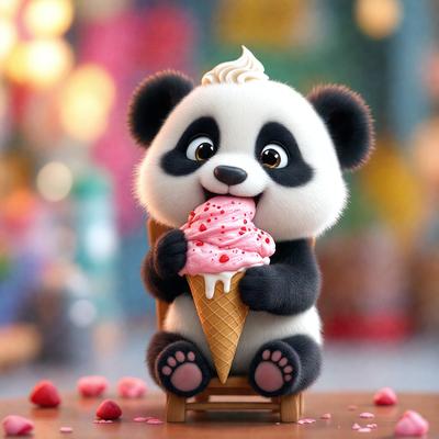 The primary subject of the image is a small stuffed panda bear sitting on a chair and eating a piece of pink ice cream. The setting is a table with a chair, and the visual style is a digital illustration. The colors and mood of the image are bright and cheerful, with the pink ice cream and the panda bear's cute appearance creating a fun and playful atmosphere.